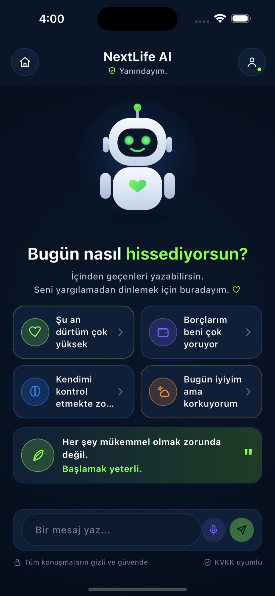 NextLife AI chat empty state — mood quick-picks, AI tip, and message input