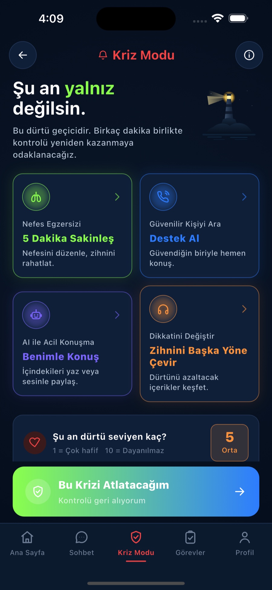 NextLife AI Crisis Mode surface — breathing exercise, trusted-contact call, AI emergency chat, and distraction options