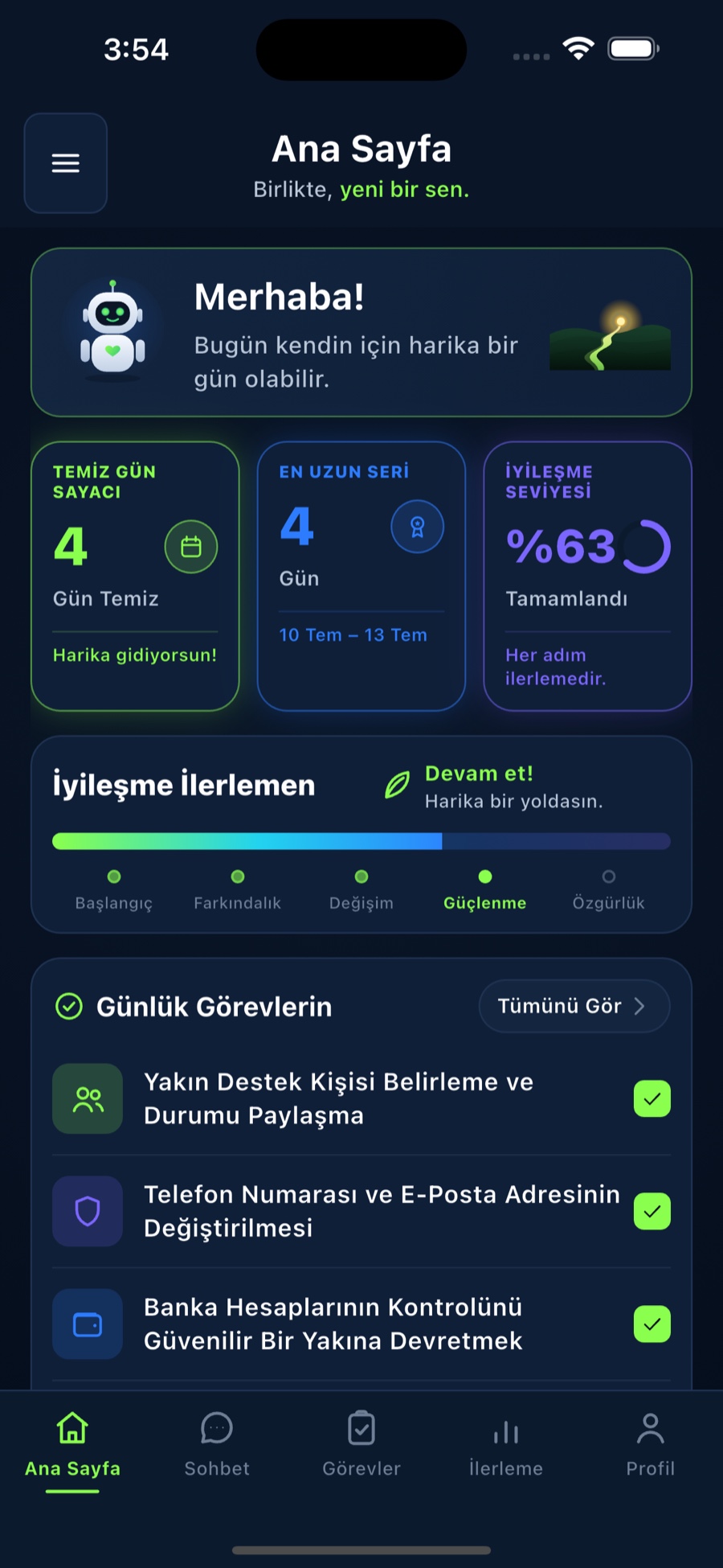 NextLife AI home surface — daily check-in, streak counter, recovery progress, and daily tasks