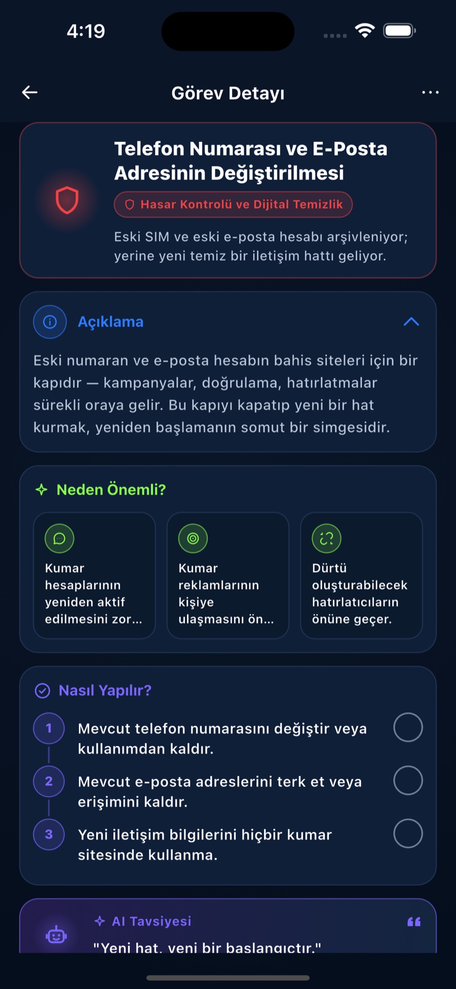 A rule detail screen — the 'change phone and email' rule with description, three 'why it matters' cards, and a numbered 'how to do it' checklist